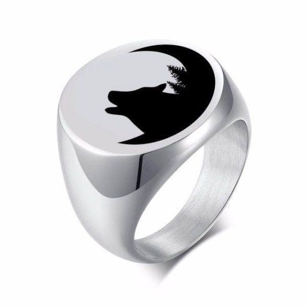 bague chevalière loup et croissant de lune