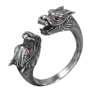 bague double tête de dragon en argent
