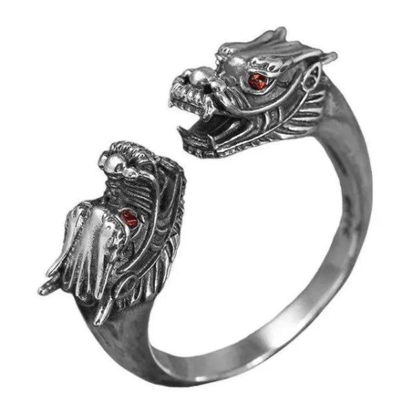 bague double tête de dragon en argent