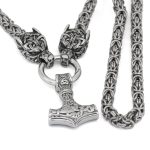 collier marteau de Thor têtes de loups en acier inoxydable