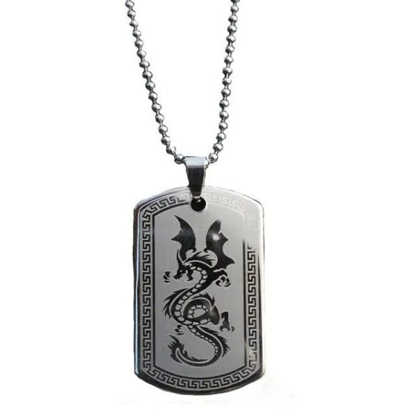 collier plaque dragon acier