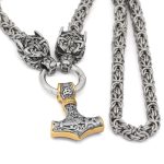 collier viking marteau de Thor et têtes de loups en acier inoxydable
