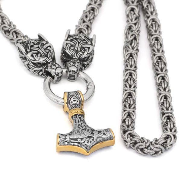 collier viking marteau de Thor et têtes de loups en acier inoxydable